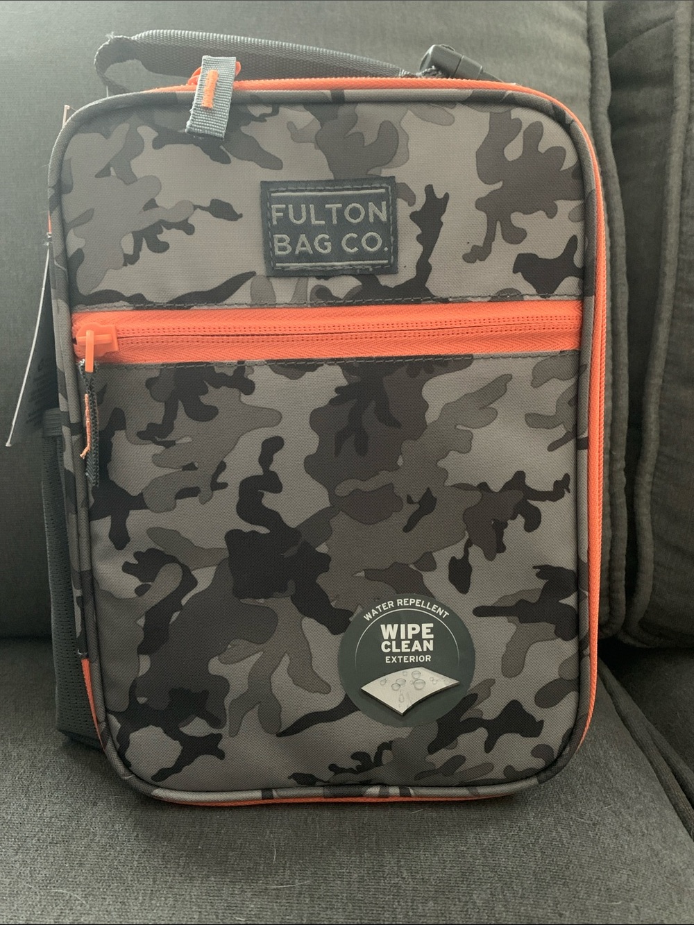 Men's Gray Camo Lunch Bag with Orange Trim